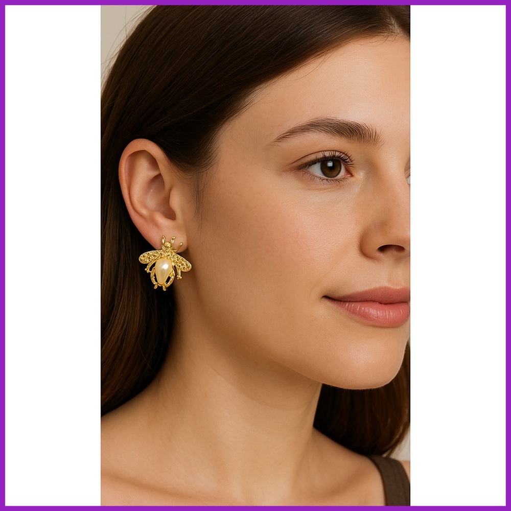 Noir Gold Bug + Pearl Stud Boho Earrings